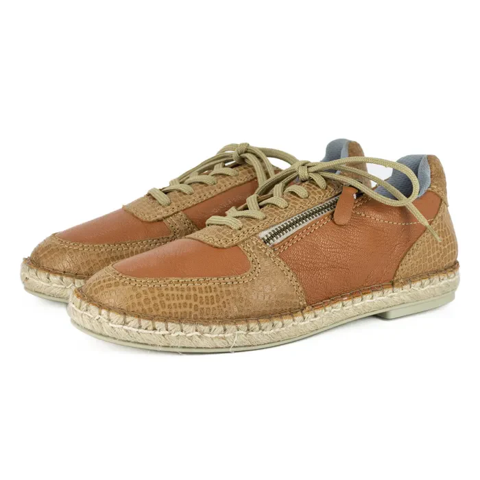 Amara : Ladies Leather Espadrille Sneaker in Oak & Walnut