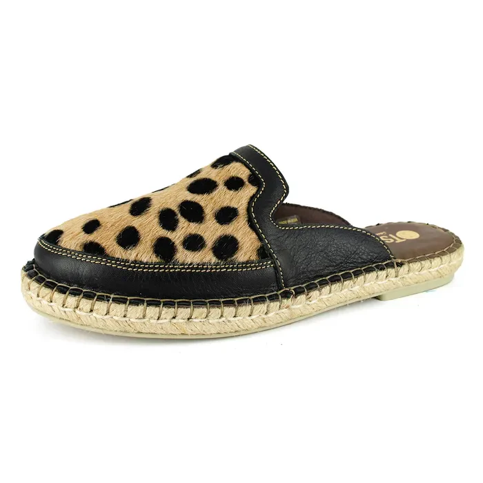 Halamuza : Ladies Leather Espadrille Mule in Black Natan & Spotted Print