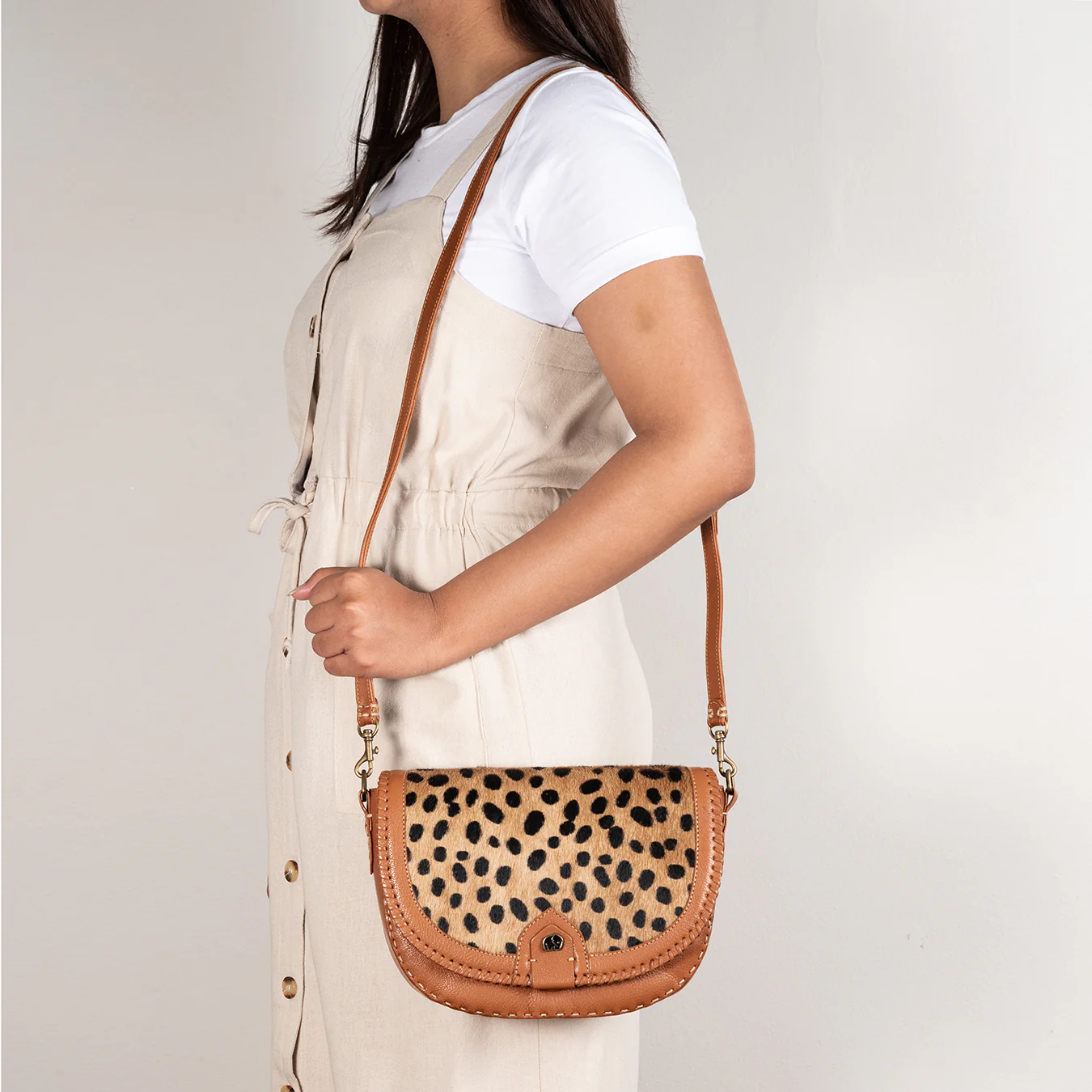 Nadira : Ladies Leather Crossbody Handbag in Oak Cayak & Spotted Print