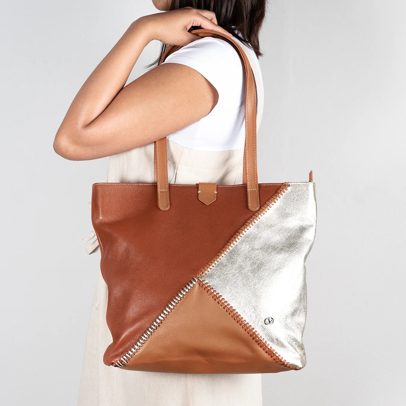 Awonke : Ladies Leather Shopper Handbag in Suede & Oak Cayak and Platino Metal Grain