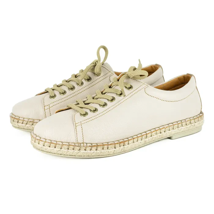 Yebo : Ladies Leather Espadrille Sneaker in Cream & Beige