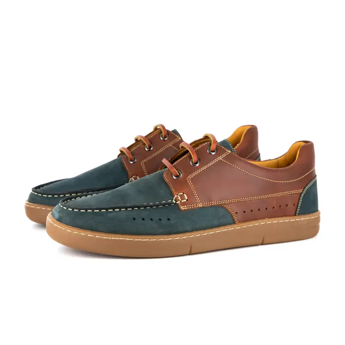 Bukekayo : Men's Leather Boat Shoe in Navy Nubuck & Light Brown Cyclone