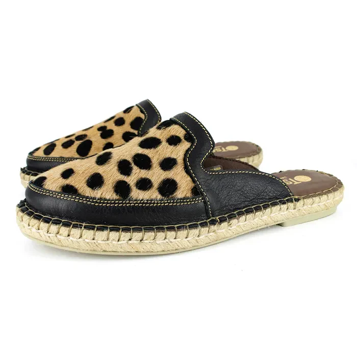 Halamuza : Ladies Leather Espadrille Mule in Black Natan & Spotted Print