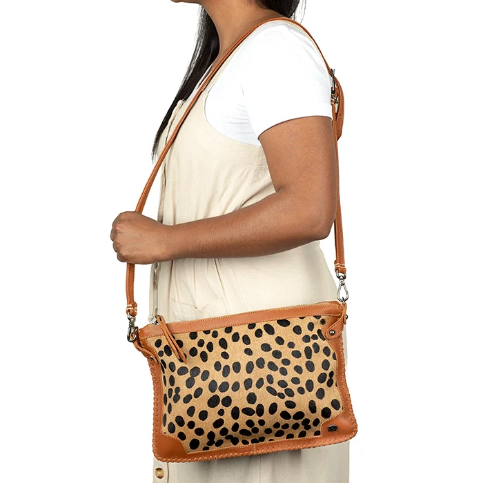 Maduva : Ladies Leather Crossbody Handbag in Spotted Print & Oak