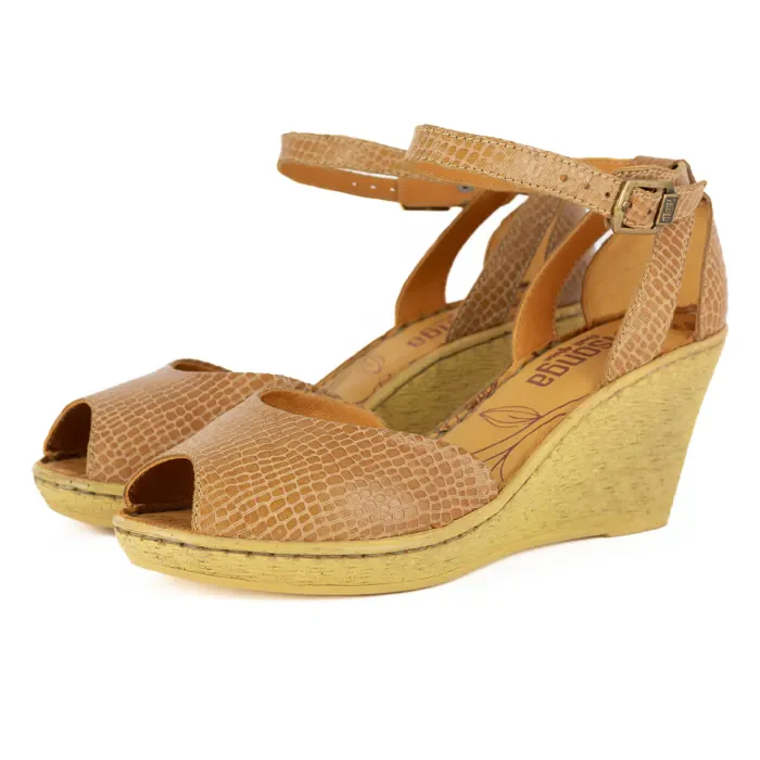 Wanyaza : Ladies Leather High-Heel Wedge Sandal in Walnut
