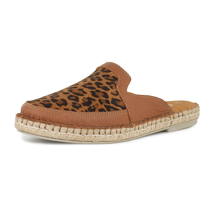 Halamuza : Ladies Leather Espadrille Mule in Oak & Spotted Lisoto