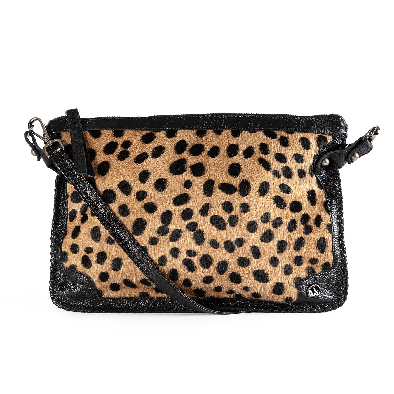 Maduva : Ladies Leather Crossbody Handbag in Spotted print & Black