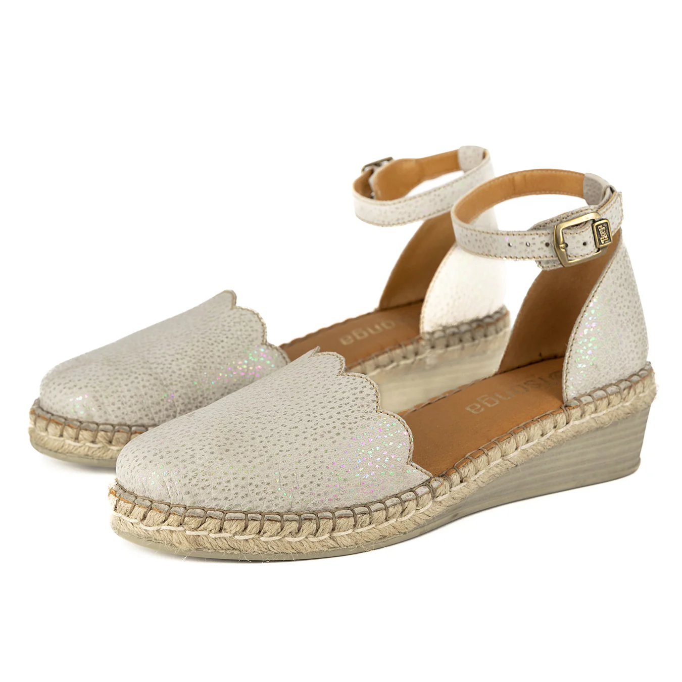 Inkantolo : Ladies Leather Wedge Espadrille in Stone Brillo