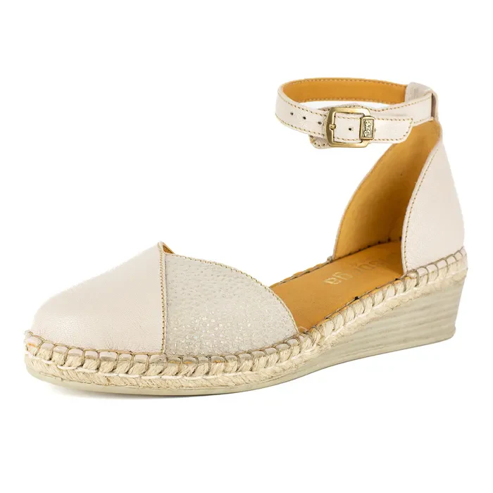 Mirembe : Ladies Leather Wedge Espadrille in Cream & Stone