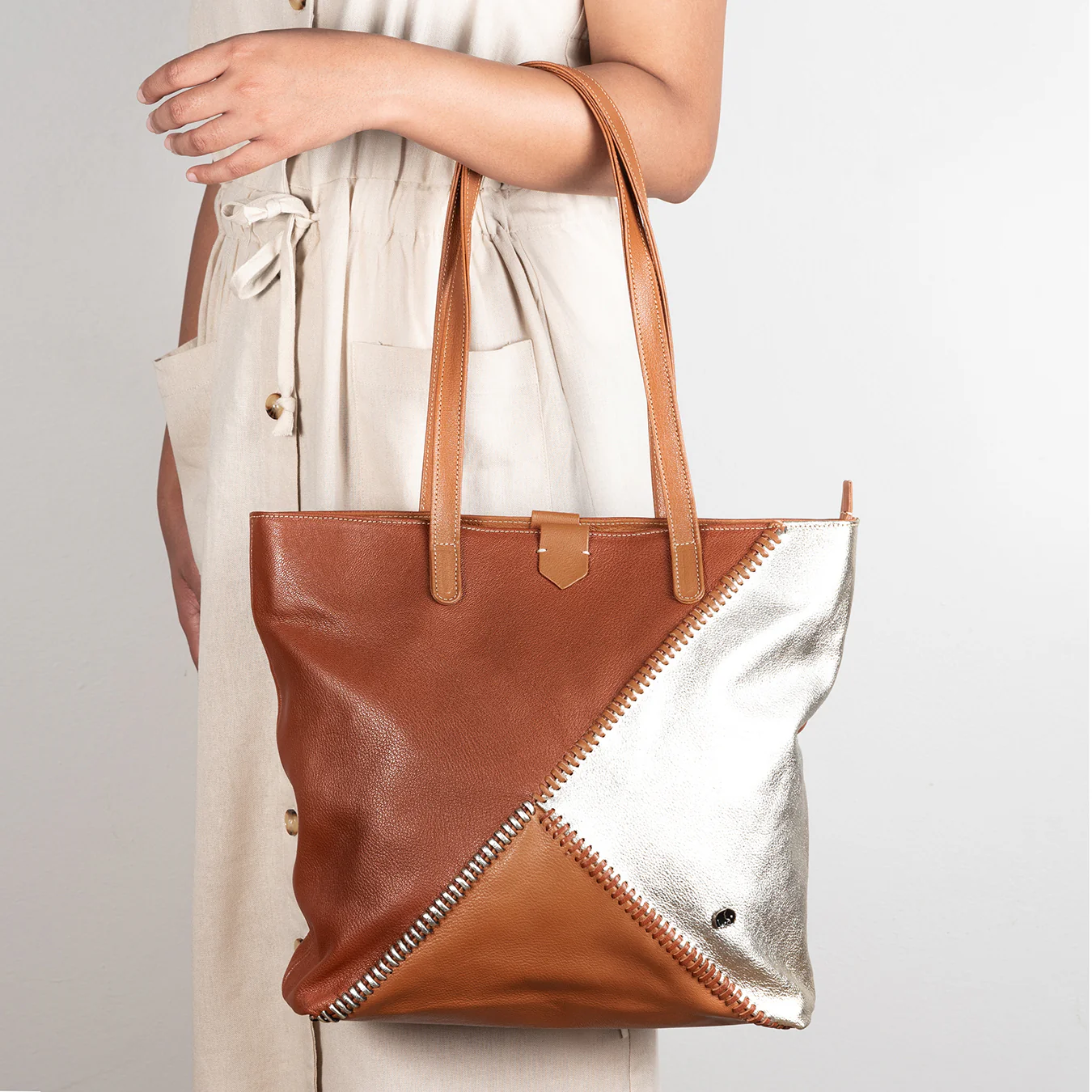 Awonke : Ladies Leather Shopper Handbag in Suede & Oak Cayak and Platino Metal Grain