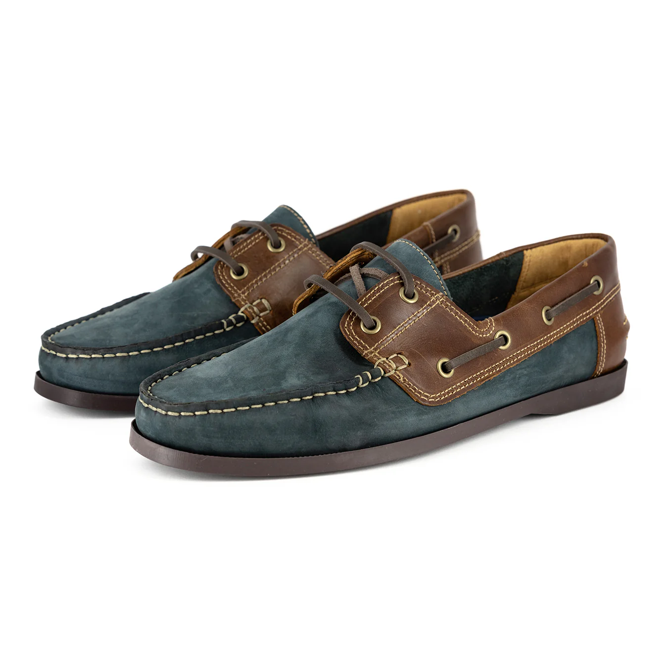 Exwaya : Mens Leather Boat Shoe in Marine Nubuck & Brown Carvano