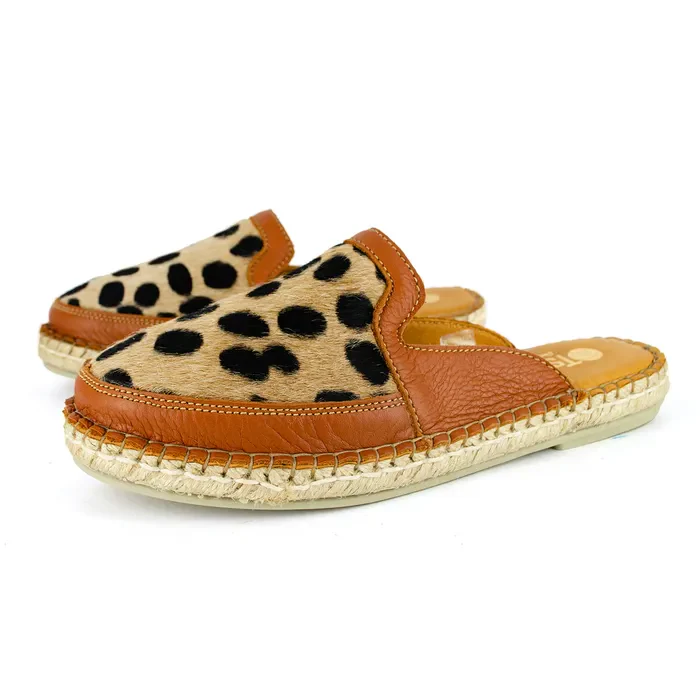 Halamuza : Ladies Leather Espadrille Mule in Oak & Spotted Print