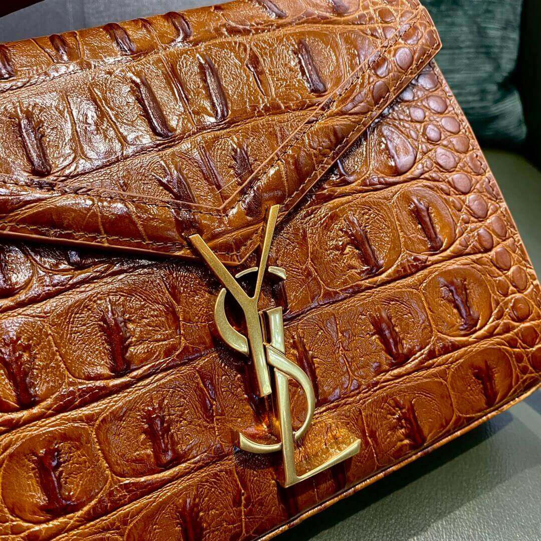 YSL Saint Laurent Cassandra Mini Top Handle Bag In Caiman Embossed Leather 602716 Brown