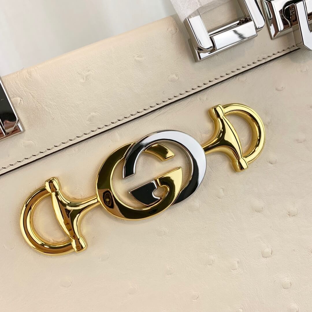 Gucci Zumi Ostrich Leather Medium Top Handle Bag 569712 White
