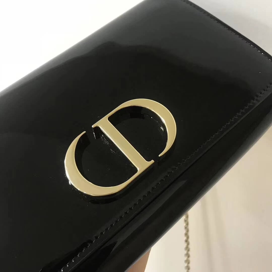 Christian Dior Black 30 Montaigne Patent Calfskin Wallet On Chain S2059
