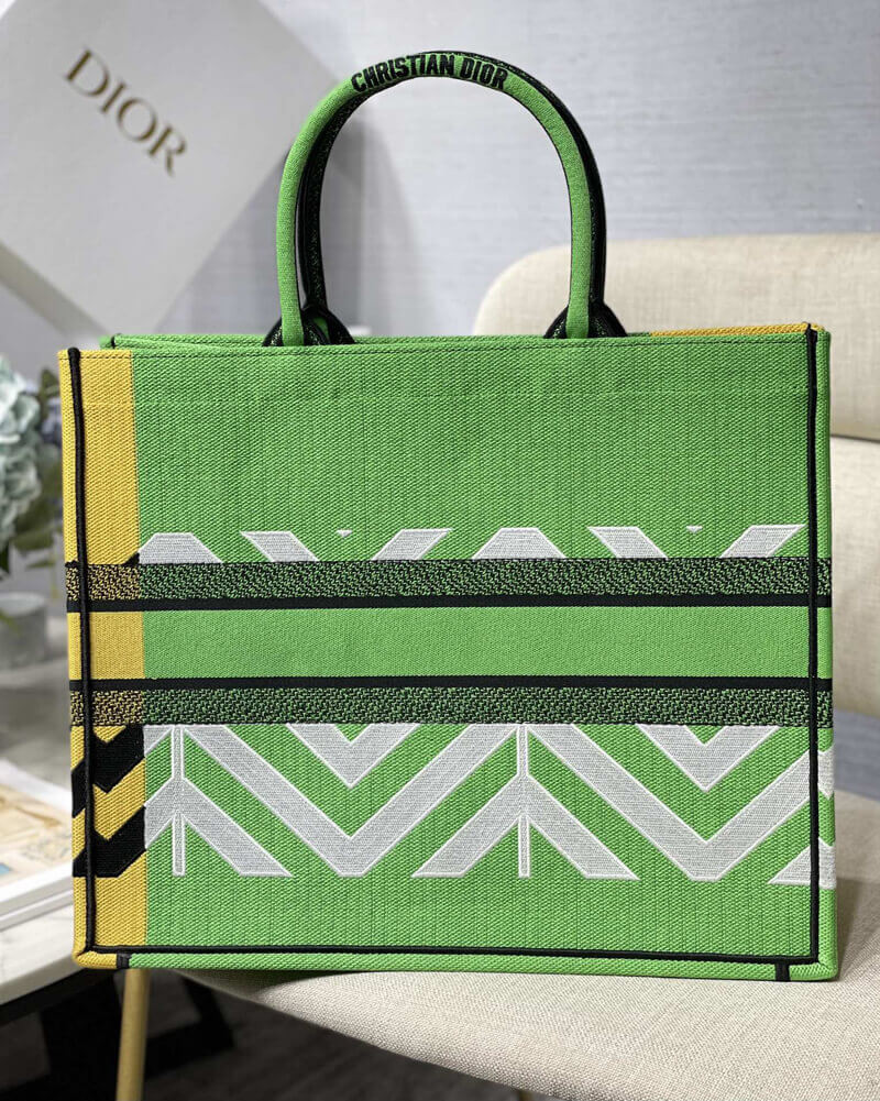 Christian Dior Large Book Tote Bright Green and Orange D-Jungle Pop Embroidery M1286