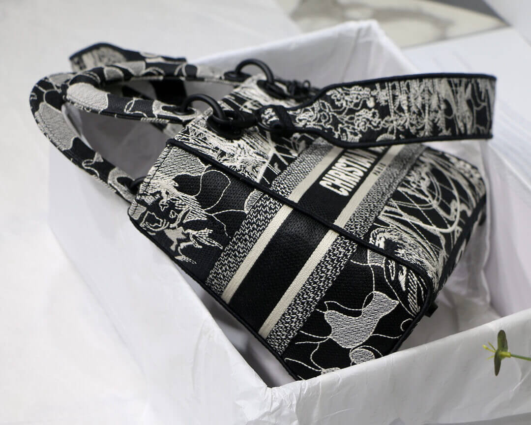 Christian Dior Medium Lady D-Lite Bag Black and White Around the World Embroidery M0565
