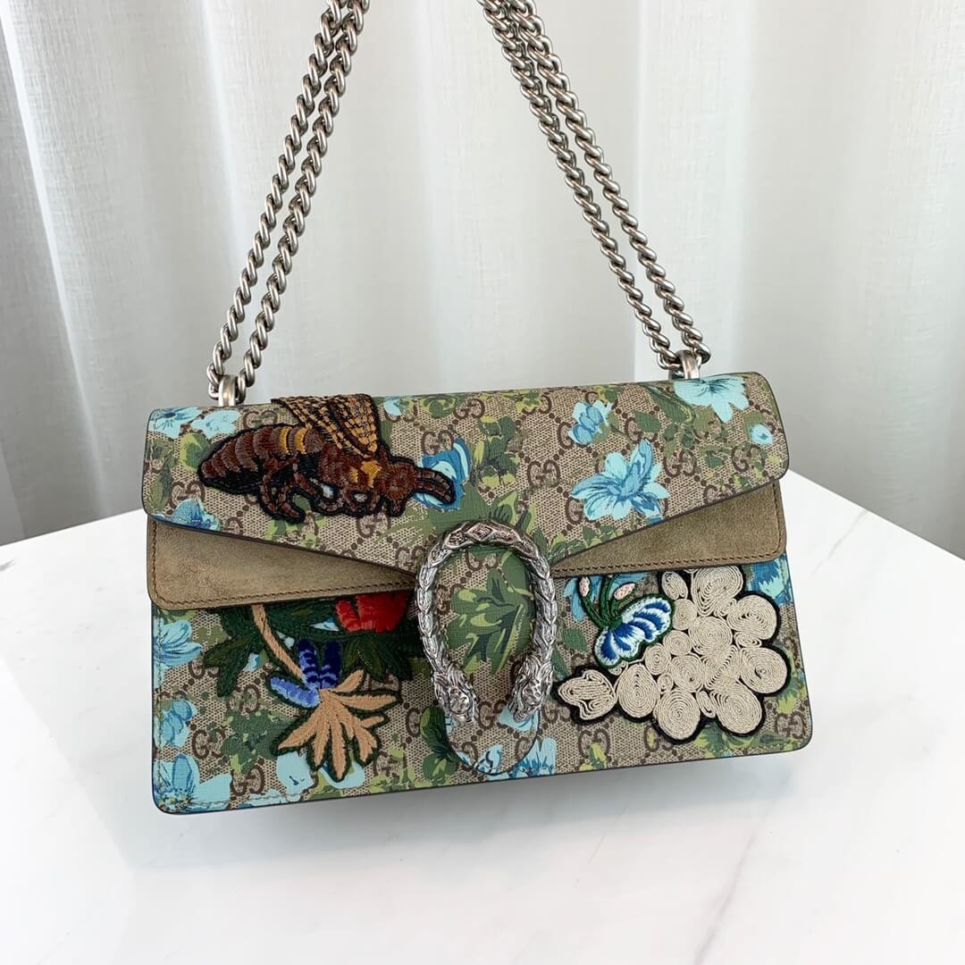 Gucci Embroidered Bee And Flower Shoulder Bag 400249 Khaki