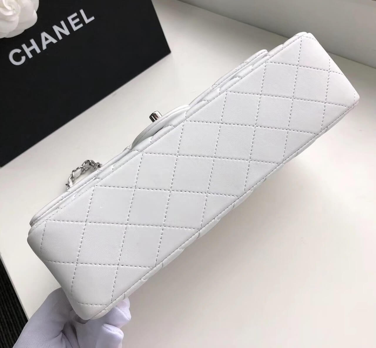 Chanel 1112 White Medium Size 2.55 Lambskin Leather Flap Bag