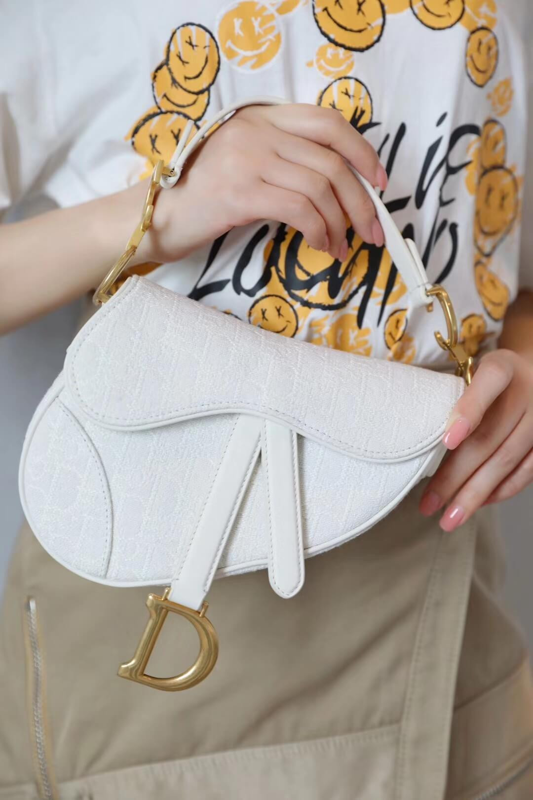 Christian Dior Mini Saddle Bag in White Oblique Jacquard M0447