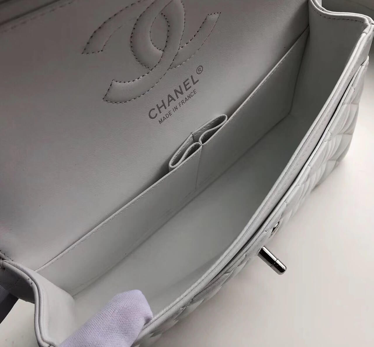 Chanel 1112 White Medium Size 2.55 Lambskin Leather Flap Bag