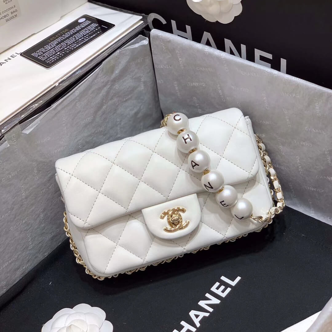 Chanel Small Pearl Logo Strap Flap Bag AS1436 White
