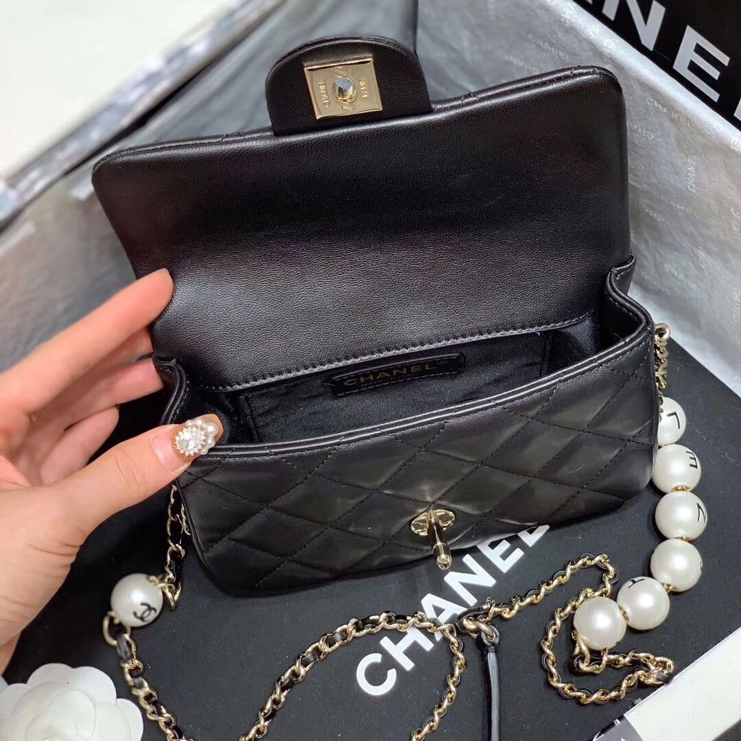 Chanel Small Pearl Logo Strap Flap Bag AS1436 Black