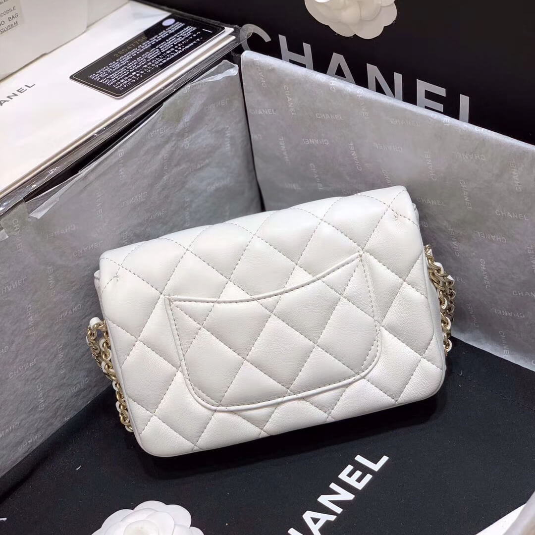 Chanel Small Pearl Logo Strap Flap Bag AS1436 White
