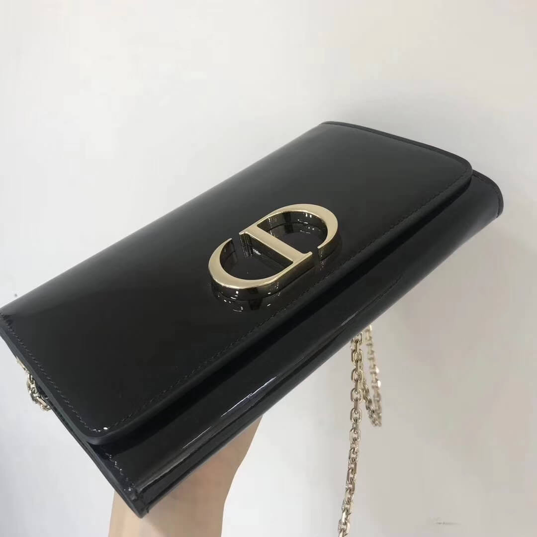 Christian Dior Black 30 Montaigne Patent Calfskin Wallet On Chain S2059