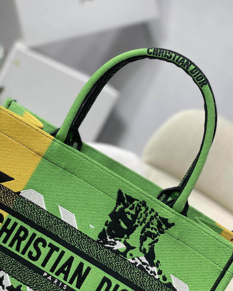 Christian Dior Medium Book Tote Bright Green and Orange D-Jungle Pop Embroidery M1296