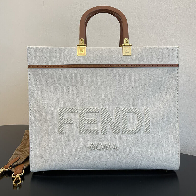 Fendi Large Sunshine Tote Bag in Cream Canvas 8BH372