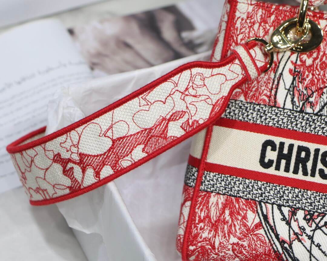 Christian Dior Medium Lady D-Lite Bag Red and White D-Royaume d'Amour Embroidery M0565