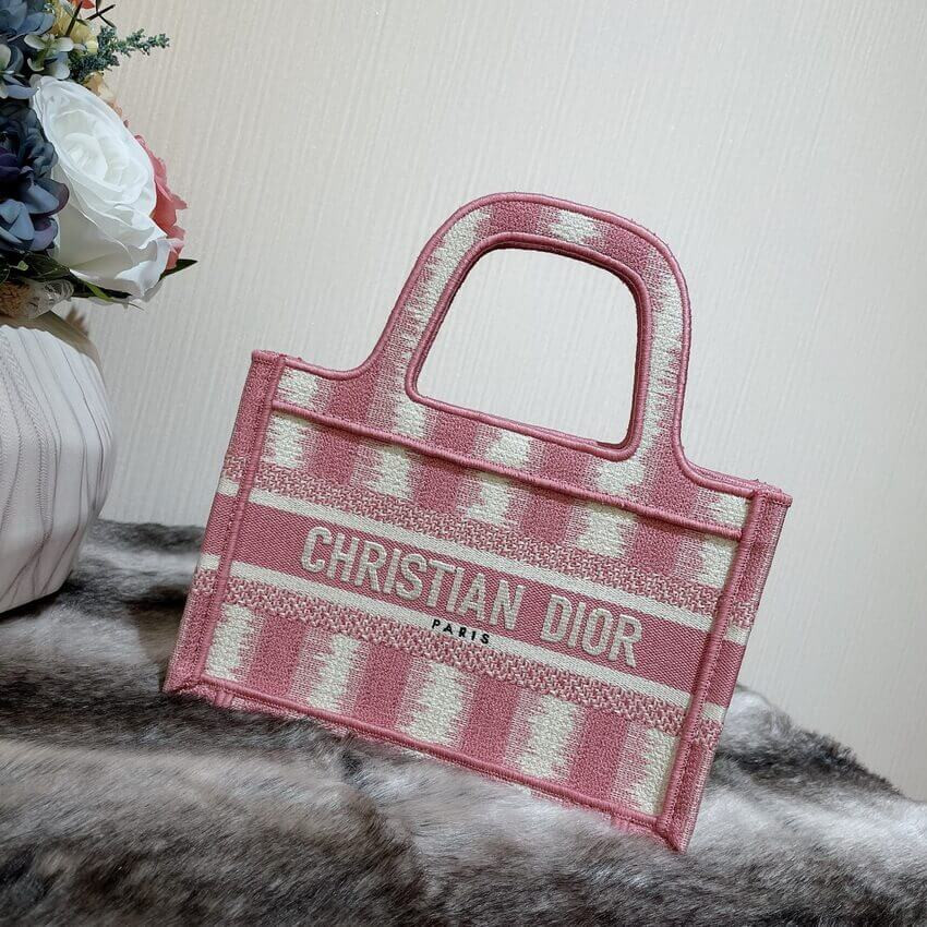 Christian Dior Mini Book Tote Pink D-Stripes Embroidery S5475