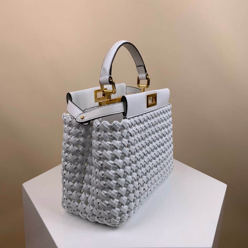 Fendi Peekaboo Iconic Mini Leather Interlace Bag 2031 White