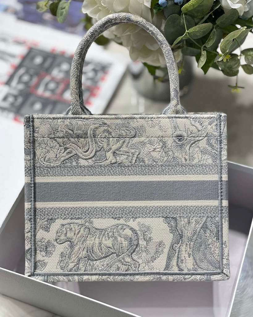 Christian Dior Small Book Tote Bag 26cm Toile De Jouy Reverse Embroidery Grey