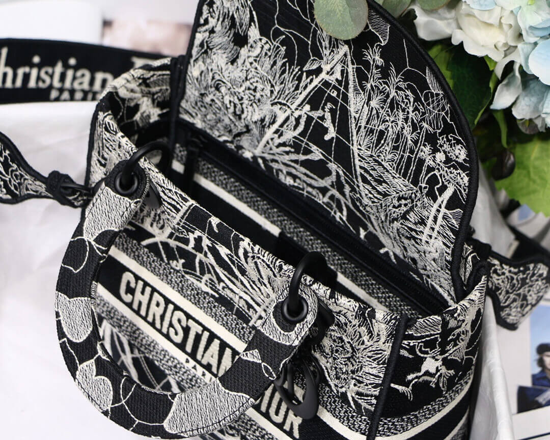 Christian Dior Medium Lady D-Lite Bag Black and White Around the World Embroidery M0565
