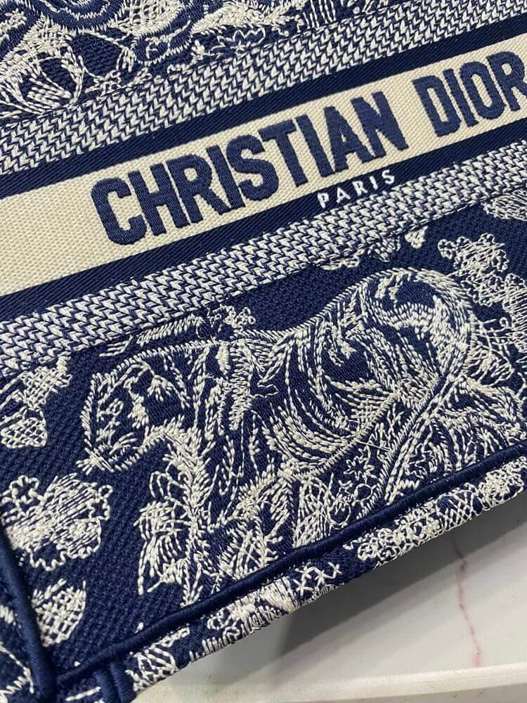 Christian Dior Small Book Tote Bag 26cm Toile De Jouy Embroidery Blue