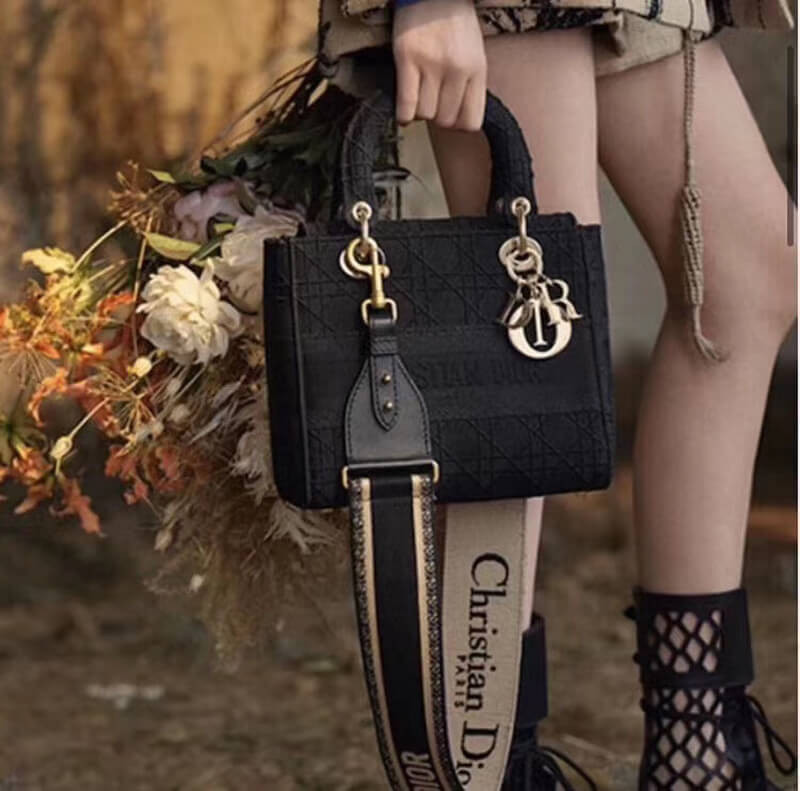 Christian Dior Textile Fabric Medium Lady Dior Bag L4455