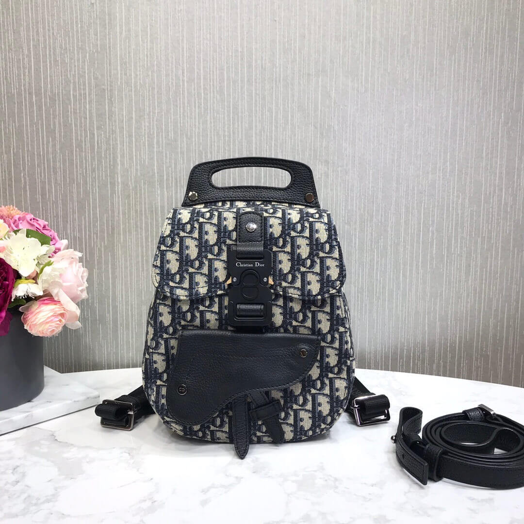 Christian Dior Mini Saddle Backpack Navy Blue Dior Oblique Jacquard 1AD086