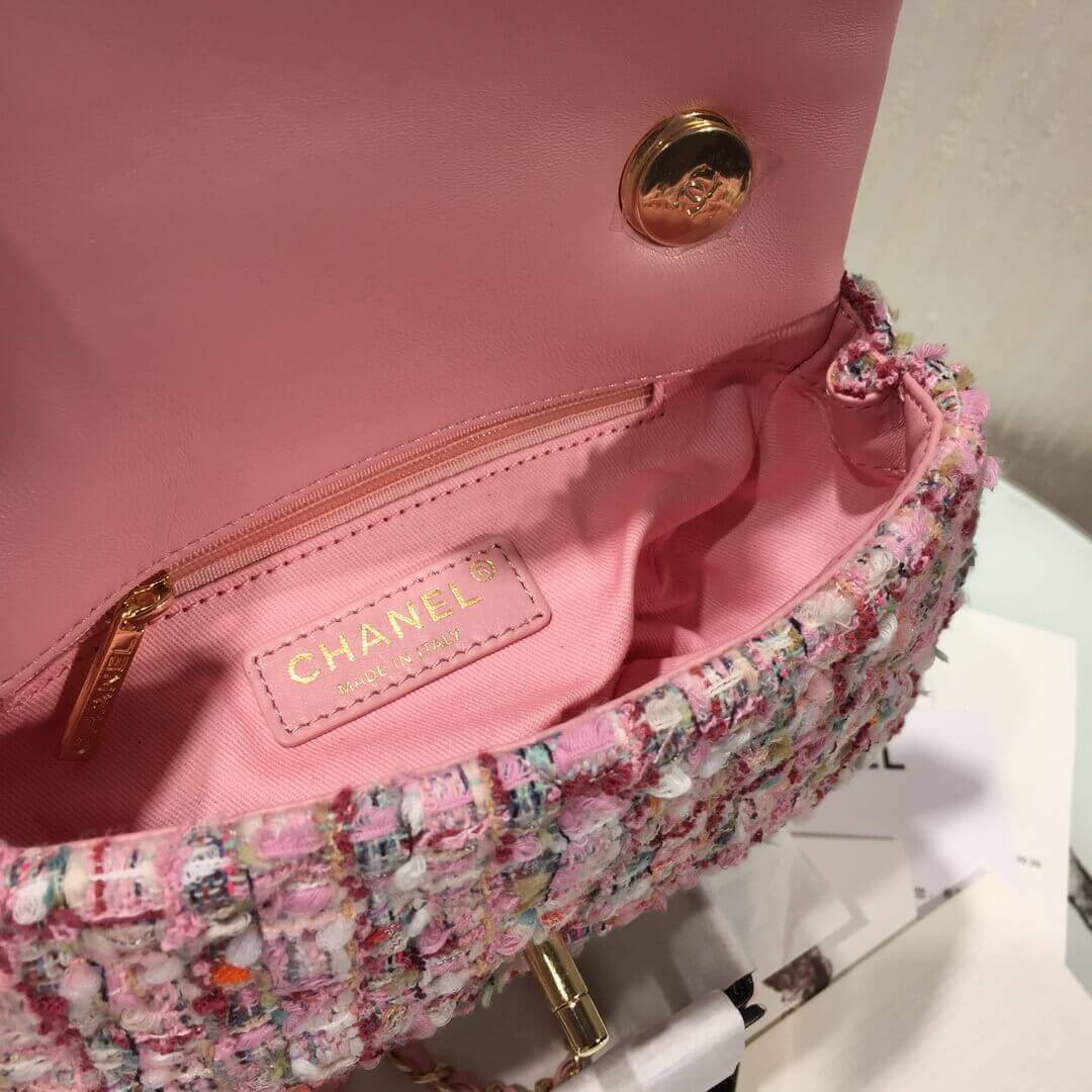 Chanel Tweed Flap Bag With Large Pearl Handle AS0593