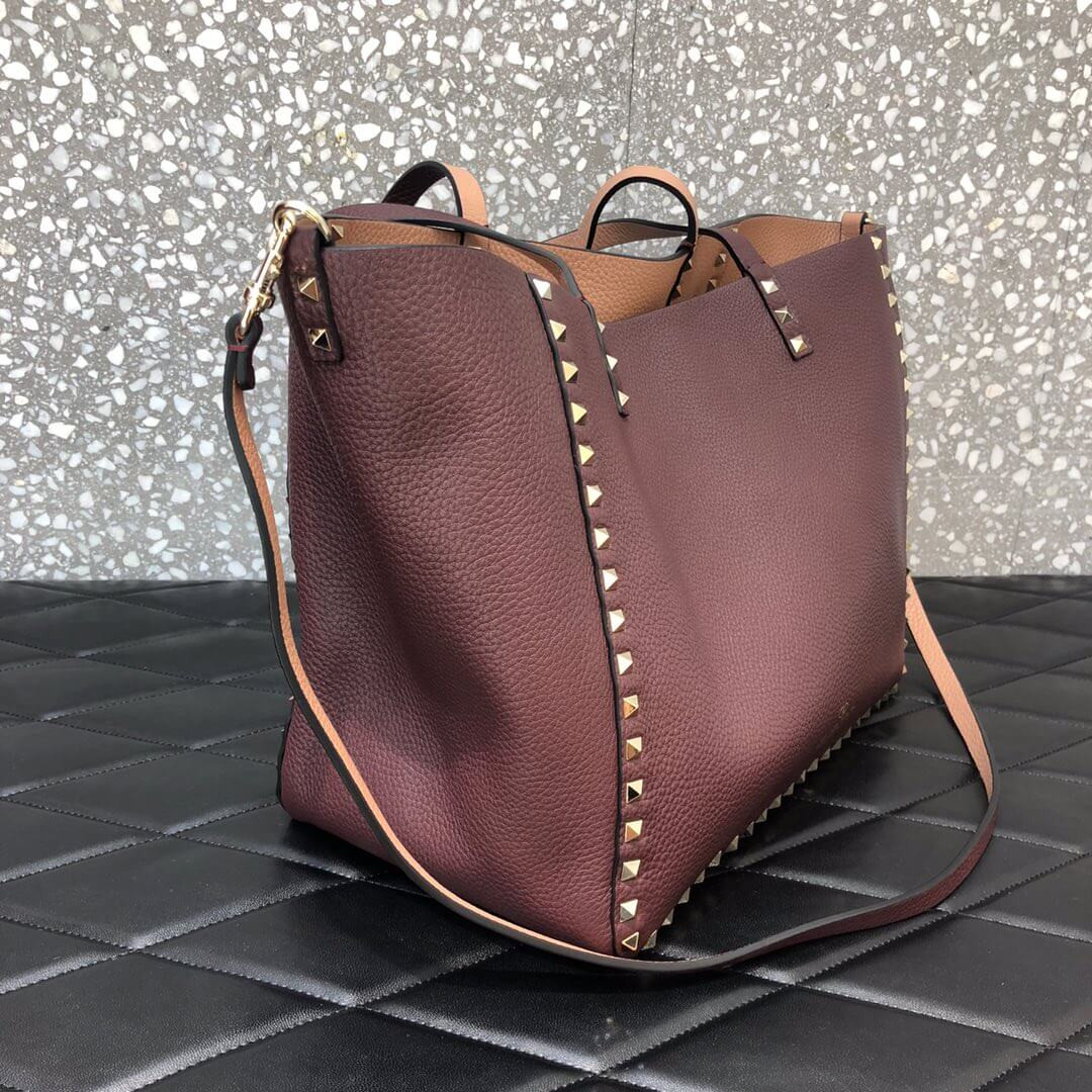 Valentino Garavani Medium Double Rockstud Reversible Tote Bag 0067J Apricot/Burgundy