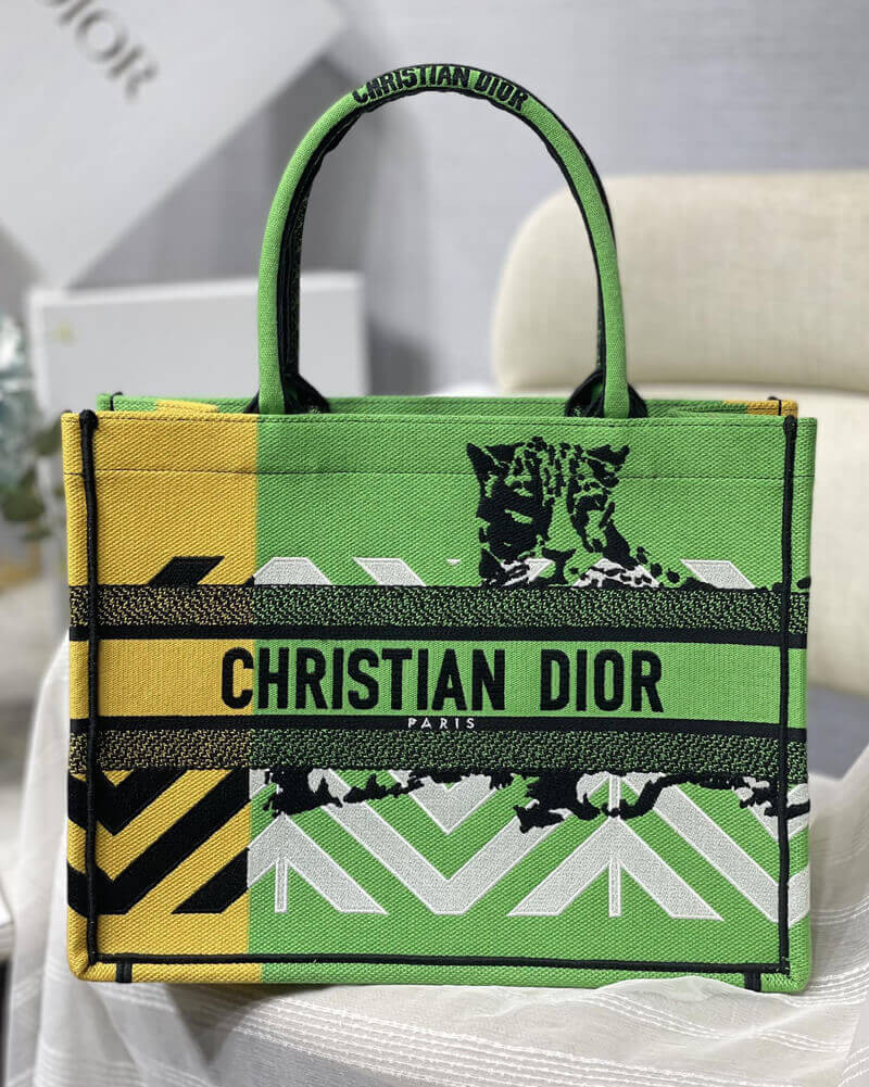 Christian Dior Medium Book Tote Bright Green and Orange D-Jungle Pop Embroidery M1296