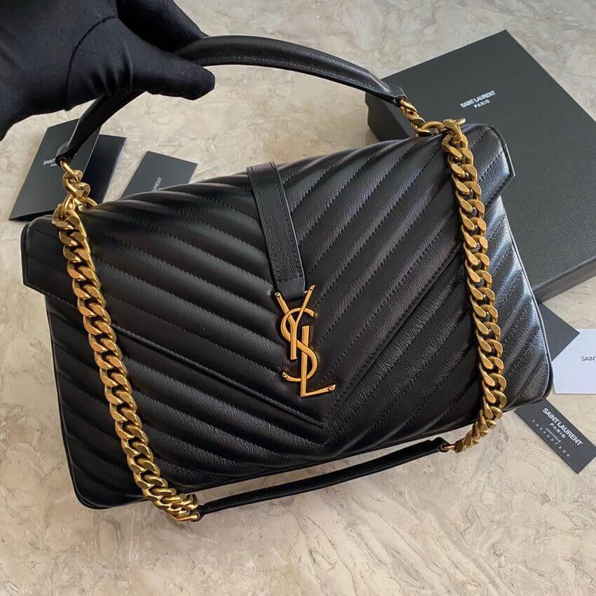 YSL Saint Laurent Sheepskin Matelasse Chevron Monogram Large College Satchel 392738 Black