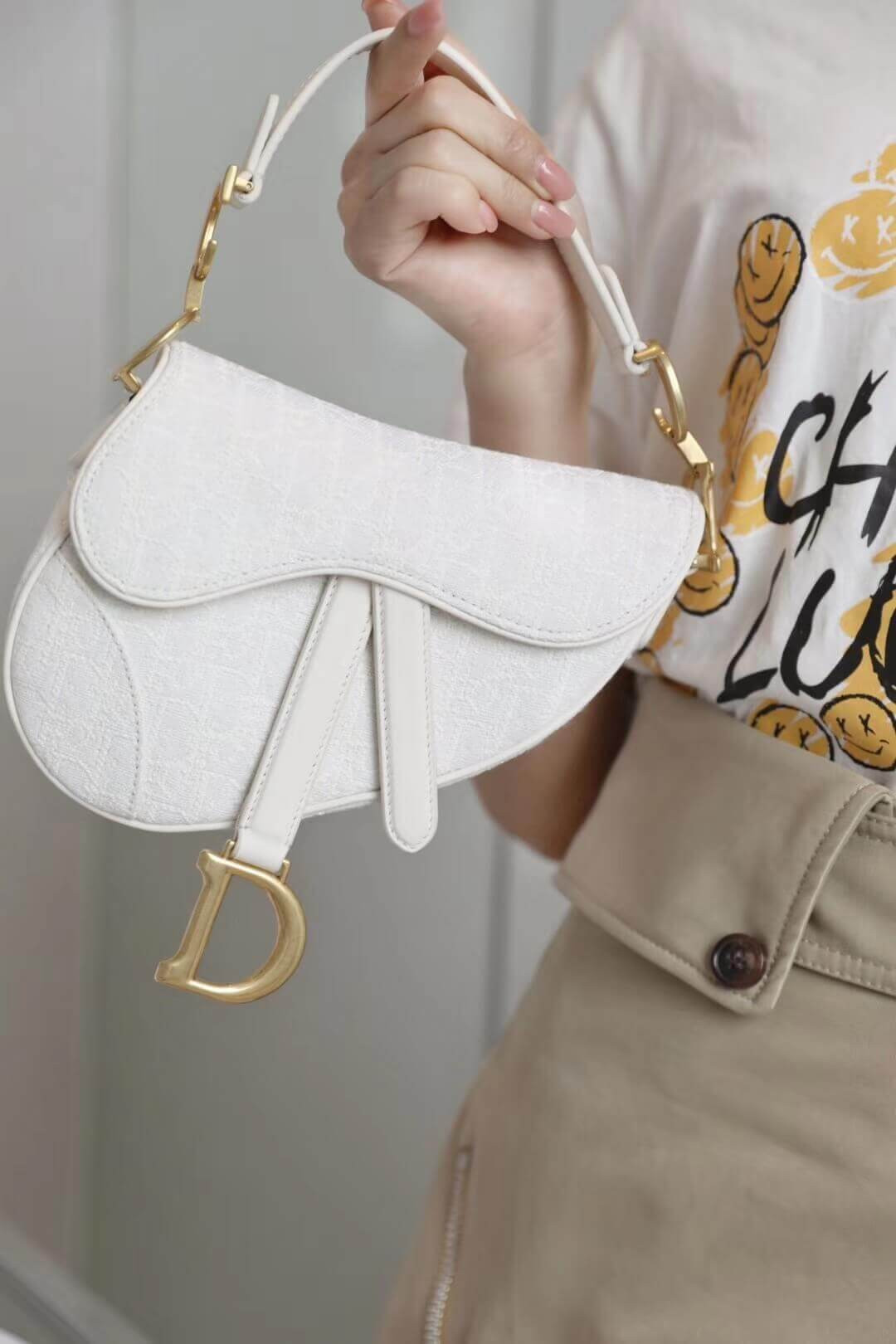 Christian Dior Mini Saddle Bag in White Oblique Jacquard M0447