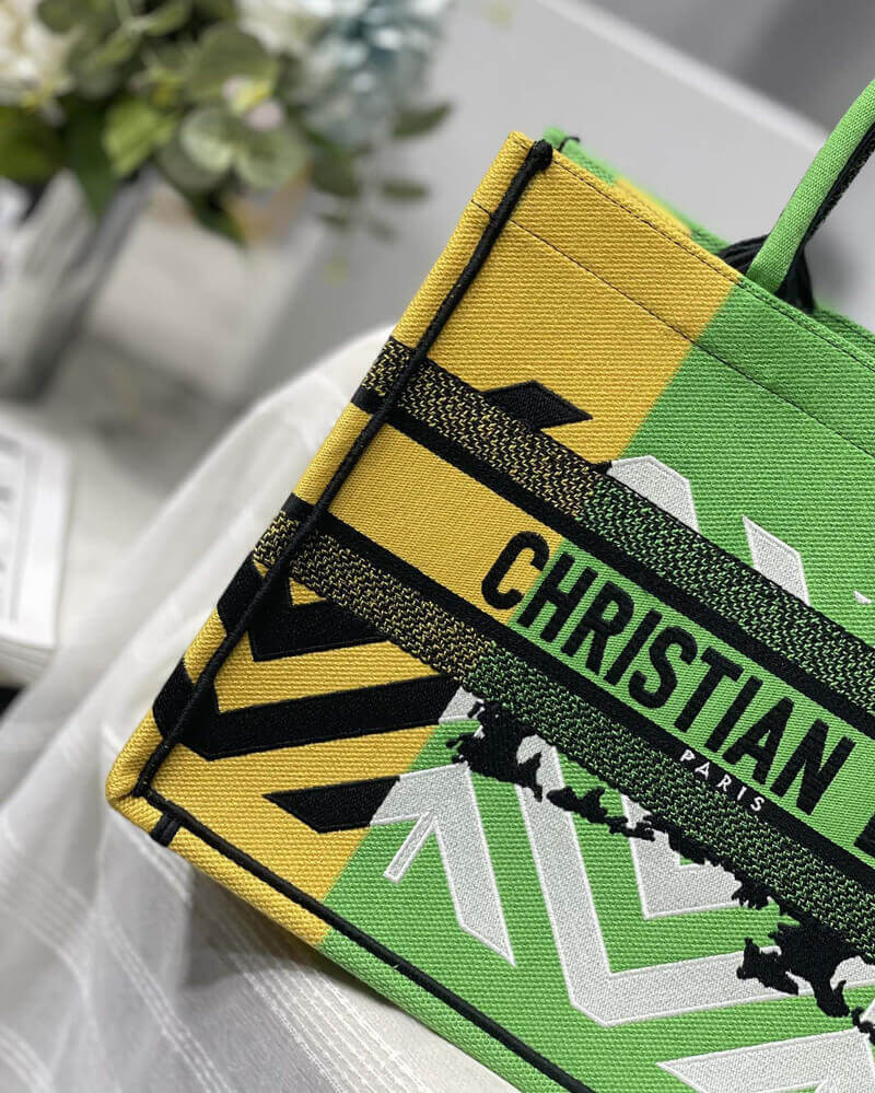Christian Dior Medium Book Tote Bright Green and Orange D-Jungle Pop Embroidery M1296