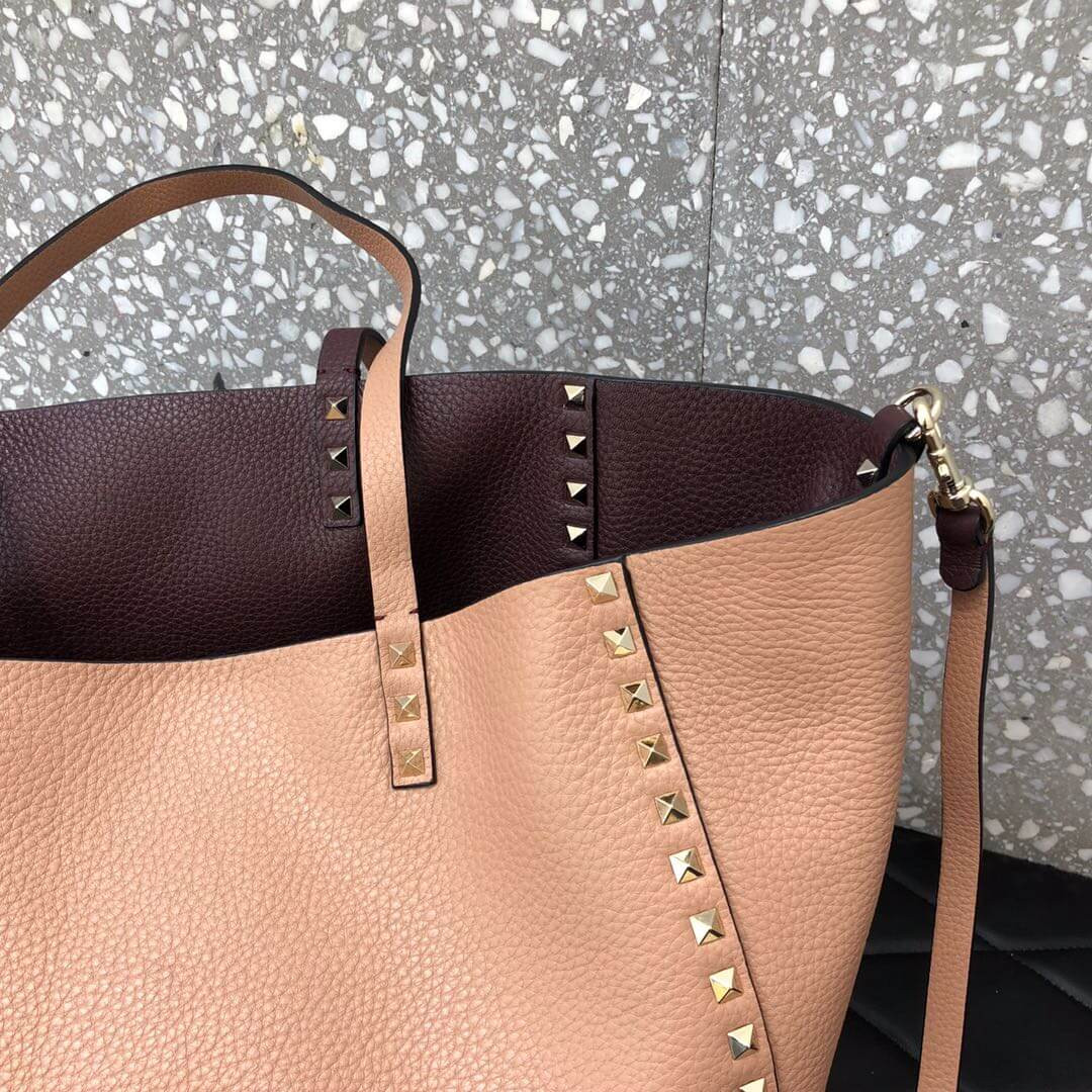 Valentino Garavani Medium Double Rockstud Reversible Tote Bag 0067J Apricot/Burgundy
