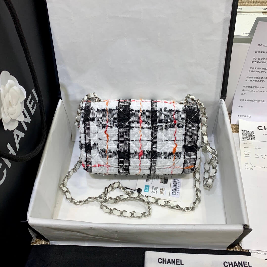 Chanel Tweed 20cm Classic Flap Bag A01116 White/Black