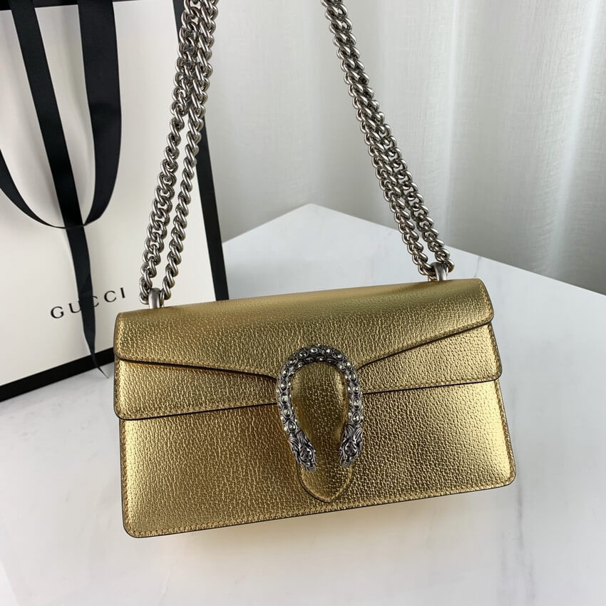 Gucci Dionysus Small Shoulder Bag in Gold Lame Leather 499623