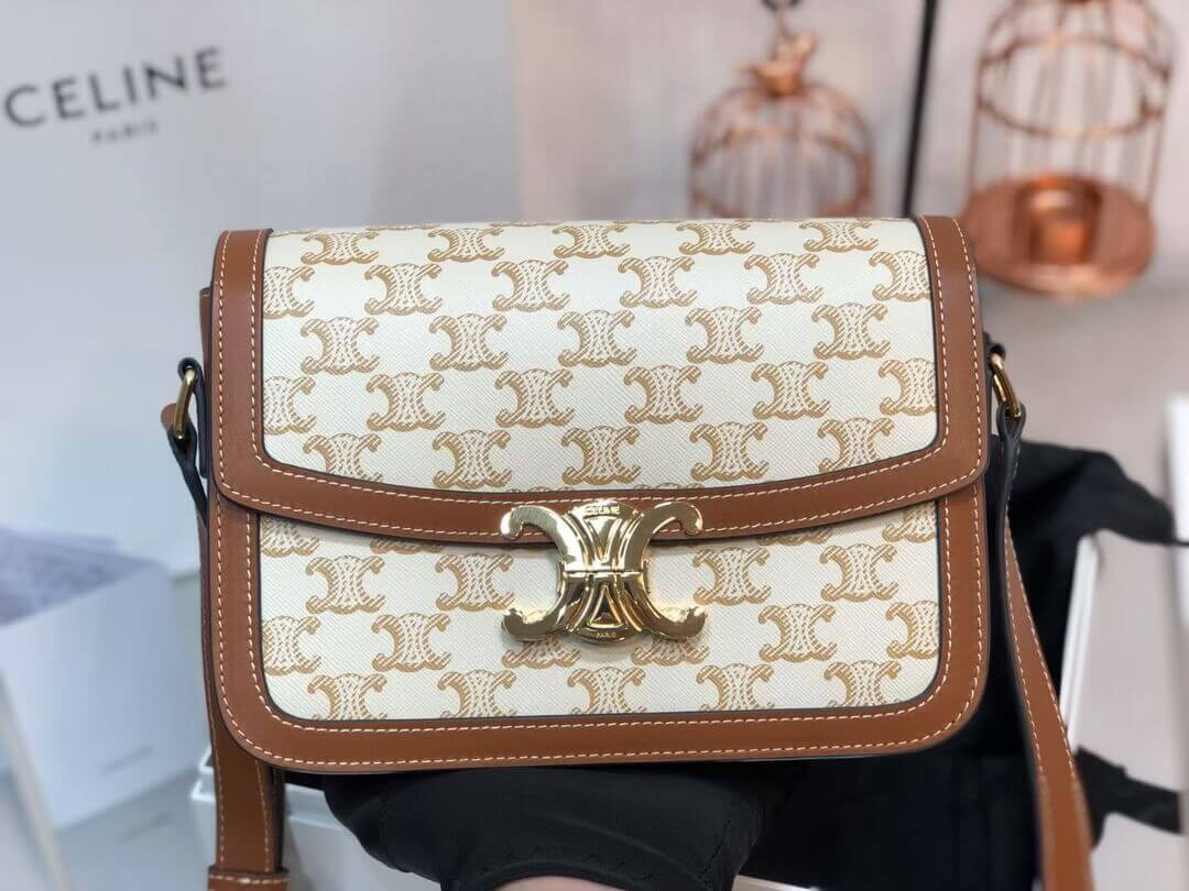 Celine Teen Triomphe Bag in Triomphe Canvas and Calfskin 188882 White