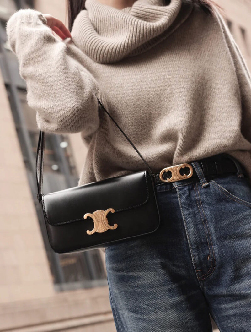 Celine Triomphe Shoulder Bag In Shiny Calfskin 194143 Black